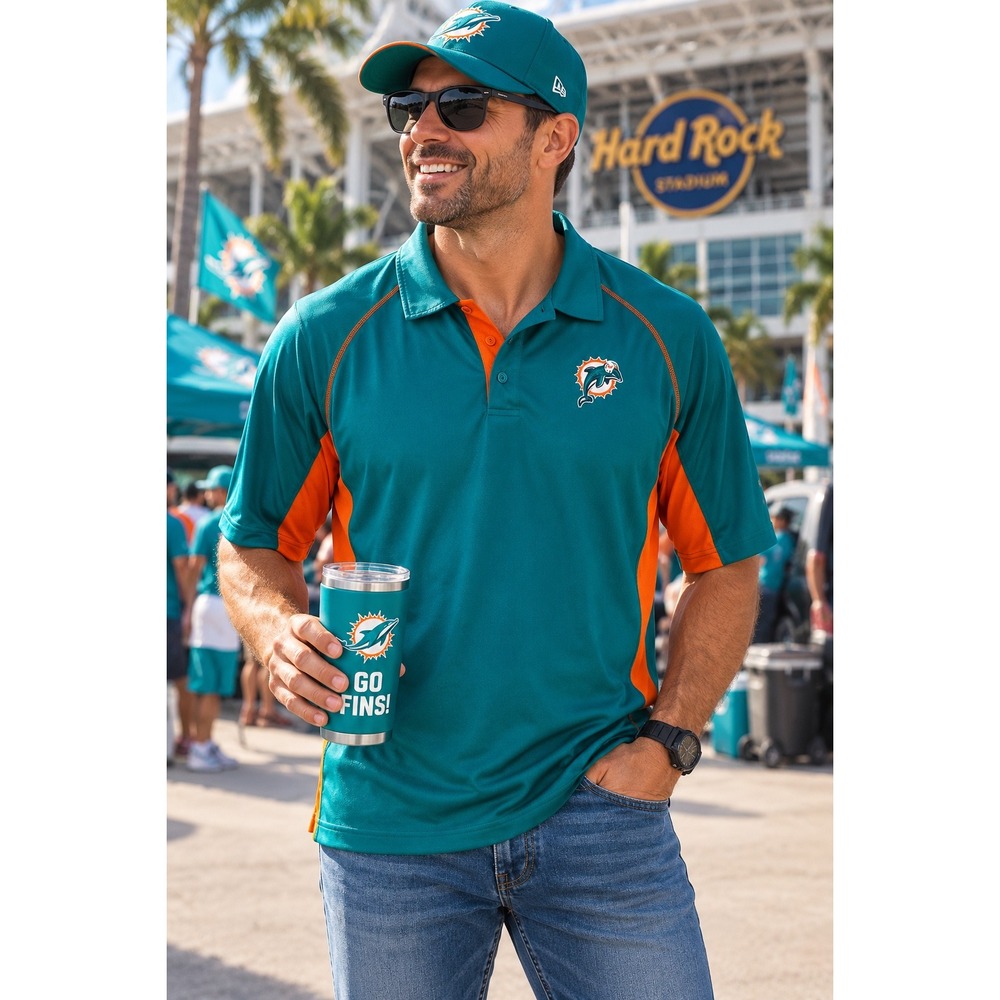 NFL Team Apparel Miami Dolphins Polo Shirt Mens 2XL Teal Orange Gameday Fan Wear